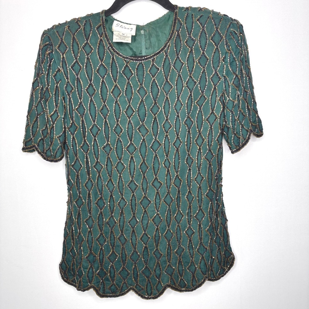 Vintage Silk Beaded Blouse Womens Size M Green Gold Black Scalloped Party India